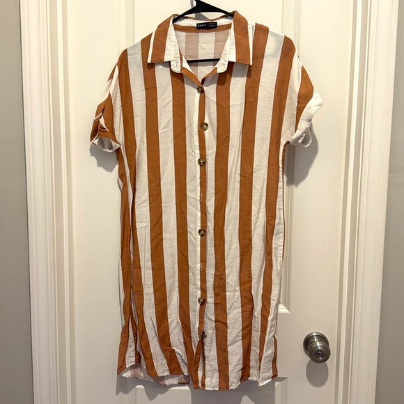 Two Tone Striped Button Front Shirt Dress Without Belt - Picture 3 of 3